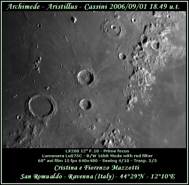 I crateri Archimede, Aristillus e Cassini  fotografati da San Romualdo (RA)