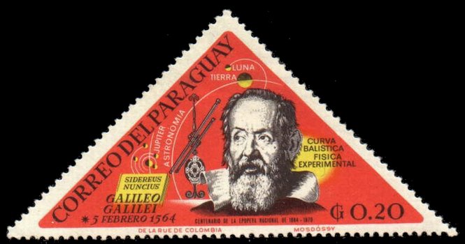 Francobollo con Galileo Galilei e il suo cannocchiale